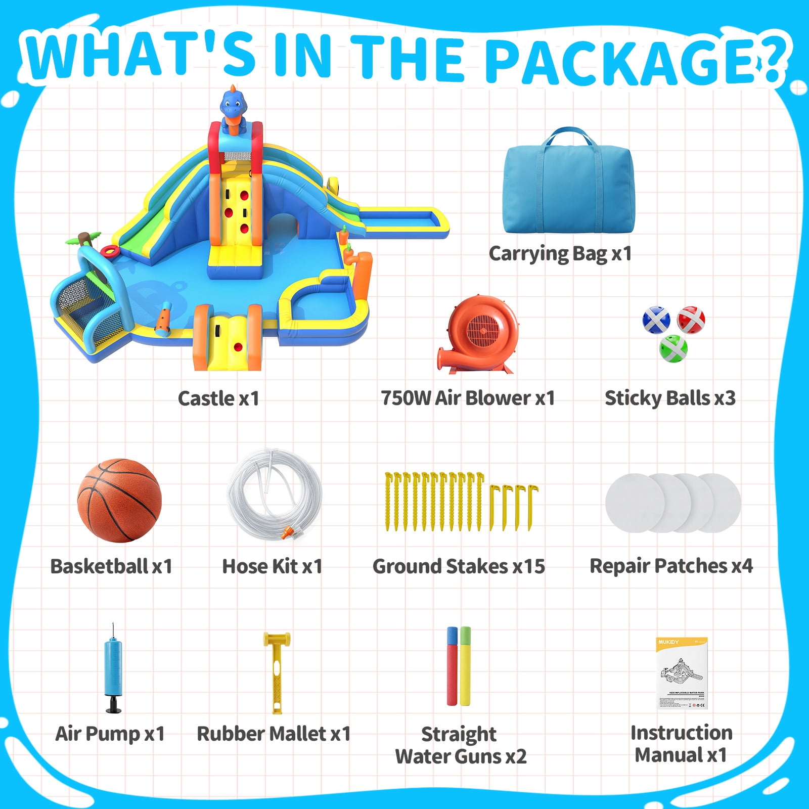 TULILLO 10 in 1 Inflatable Water Slide Kids Bounce House with Splash Pool & Water Gun & Basketball & Climbing Wall & Dual Pools & Soccer,750W Air Blower