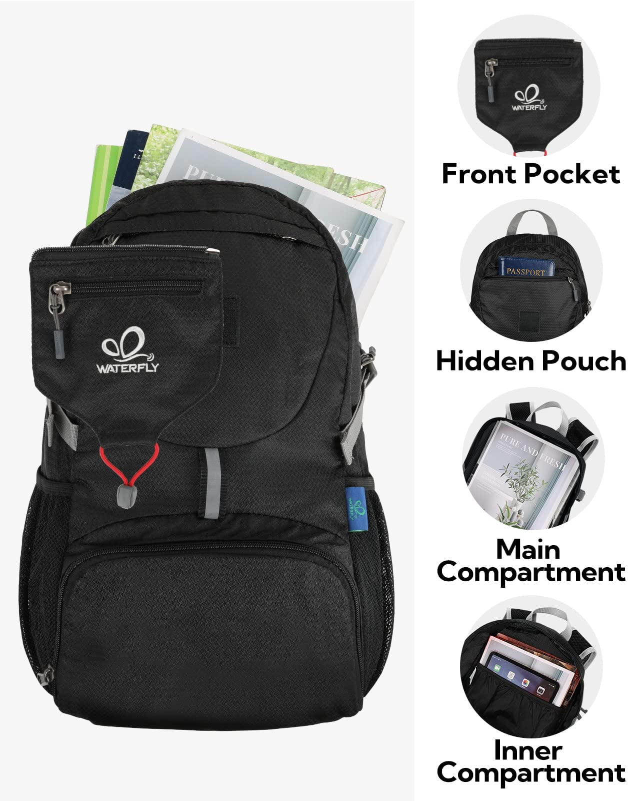 WATERFLY Unisex 20L Small Foldable Packable Travel Hiking Nylon Backpacks Daypack,Black