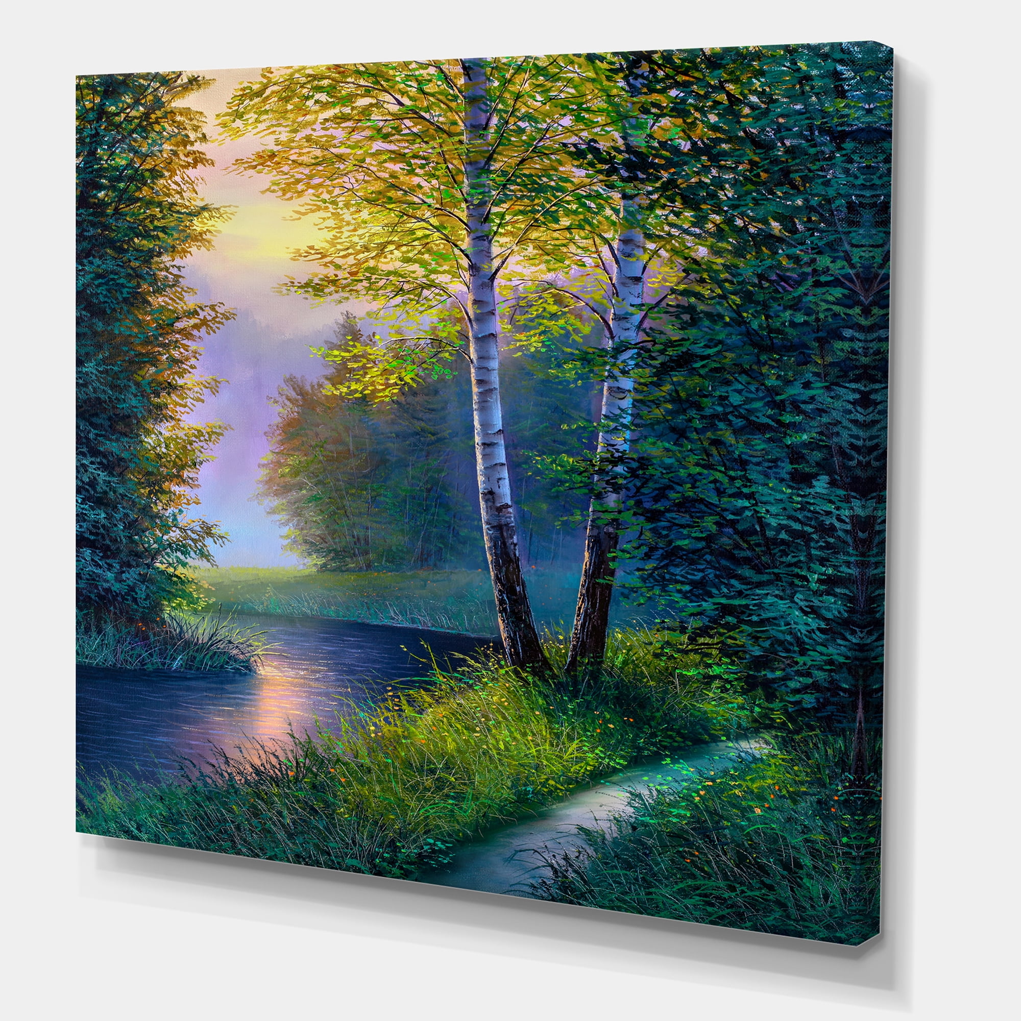 Designart ' Sunrise Glow Through The Birch Forest ' Lake House Canvas Wall Art Print