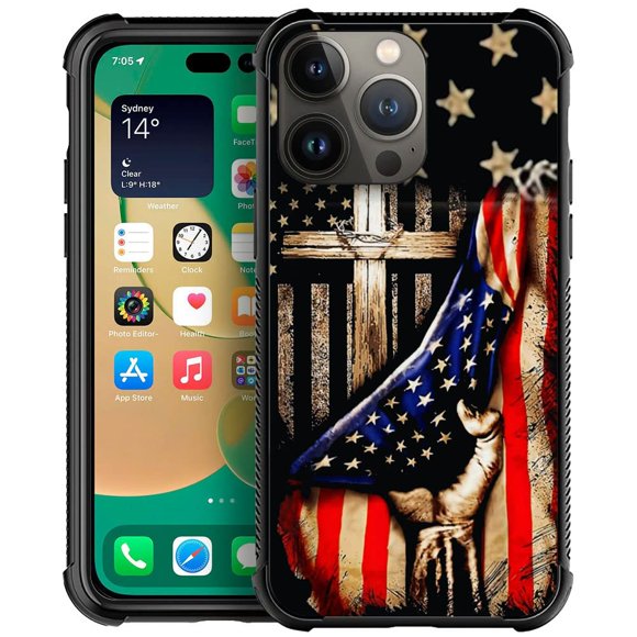Daizag Compatible Con Iphone 14 Pro Max Caso Protección Integral A Prueba De Golpes Anti-Arañazos Tpu Fundas Para Hombre Mujer-Madera Cruz Power Bandera Americana