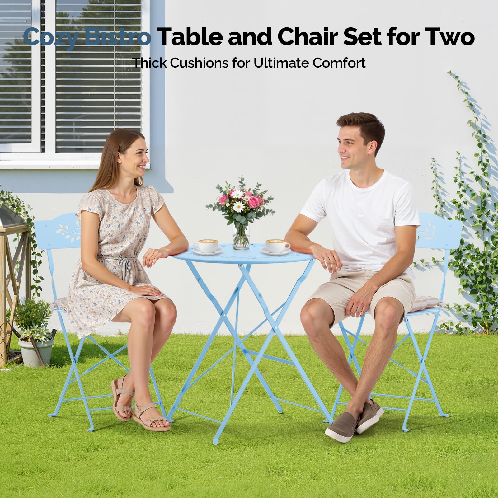 Ktaxon Outdoor 3-Piece Folding Bistro Set with Cushion, Small Metal Patio Seating Furniture Set - Blue