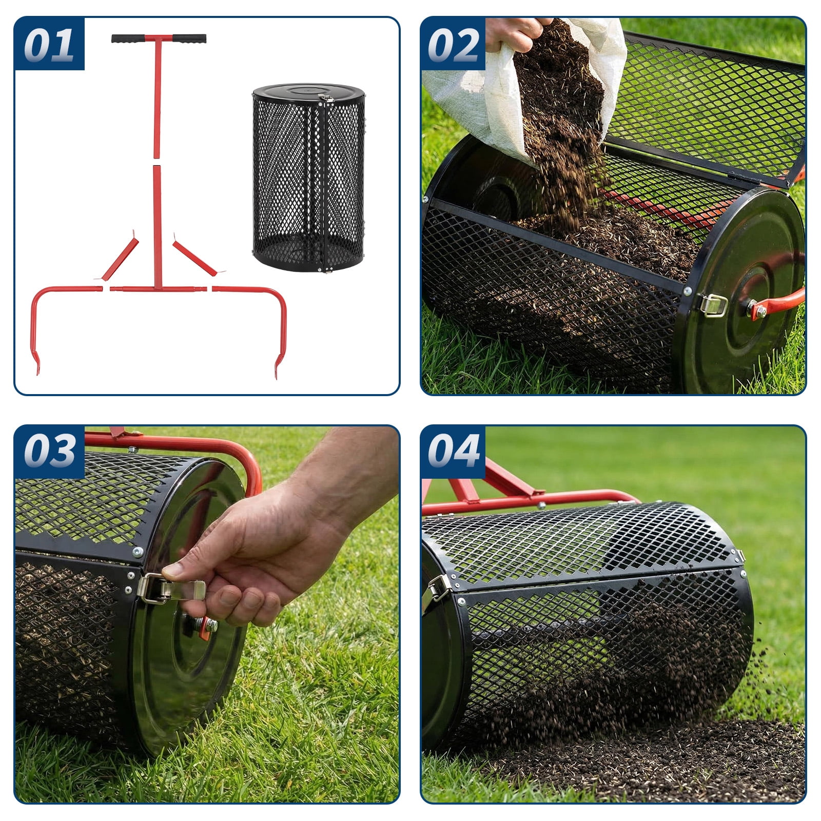 Compost Spreader,24" Peat Moss Spreader with T Shaped Handle,3 Heights Adjustable,Top Soil Spreader with Side Latches,Powder-Coated Peat Moss Roller,Grass Seed Spreaders for Planting Seeding