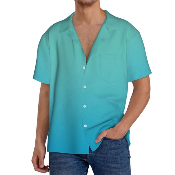 Balery Teal Turquoise Camisa Casual de Manga Corta con Botones para Hombre, Texturizada, Estilo Cubano, para Playa, Verano-4X-Large