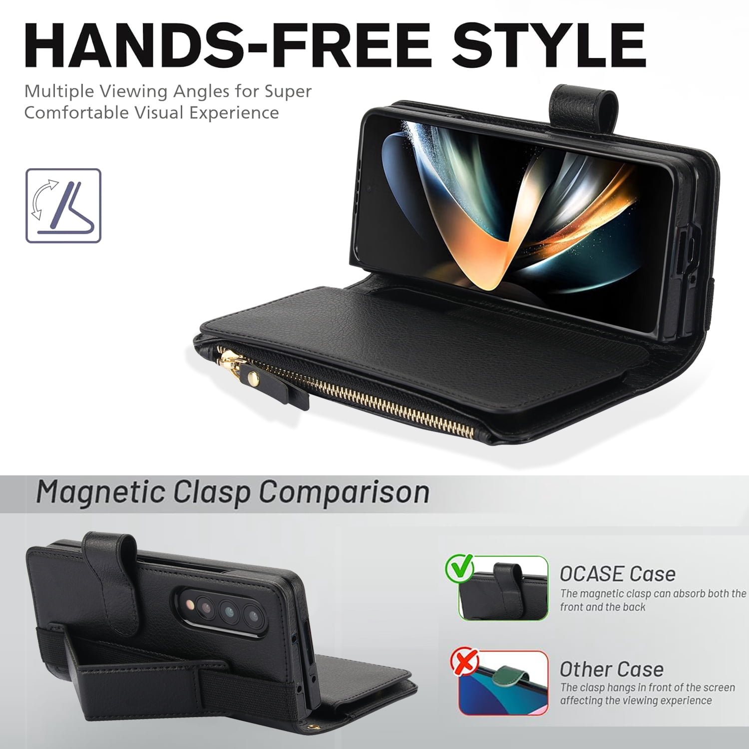 for Samsung Galaxy Z Fold 3 Wallet Case with S Pen Holder, Magnetic Closure with RFID Blocking ID Card Slots Zipper Purse PU Leather Flip Kickstand Lanyard Phone Case,Black