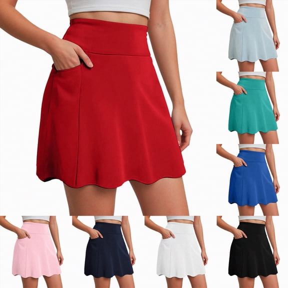vigerkar Skorts for Woman with Pockets Golf Athletic Skirts Scalloped Hem Tennis Skirt Dressy Casual (Blue, XL)