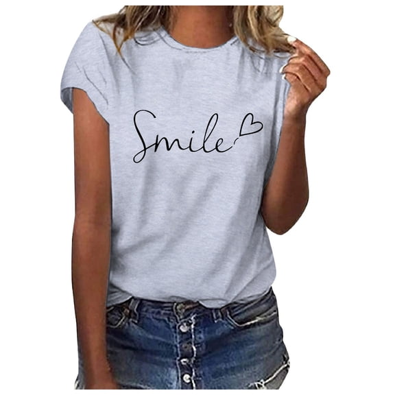 Jamsmile Women Tshirts Summer Casual Letters Love Print Short Sleeve T Shirt Tops Crew Neck Casual Tunic Basic Tee Shirts
