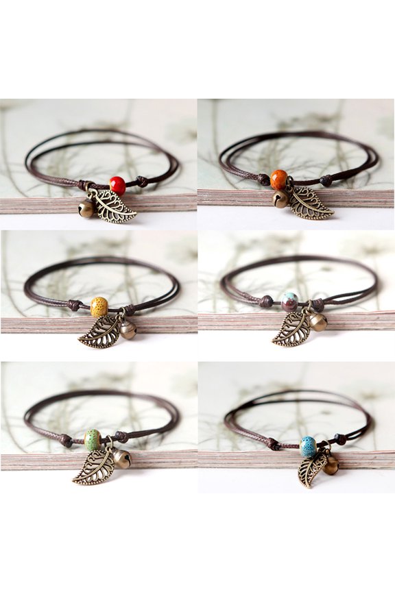 Ceramic Beaded Bracelet Bangle Rope Chain Vintage Leaf Pendant Couple Jewelry