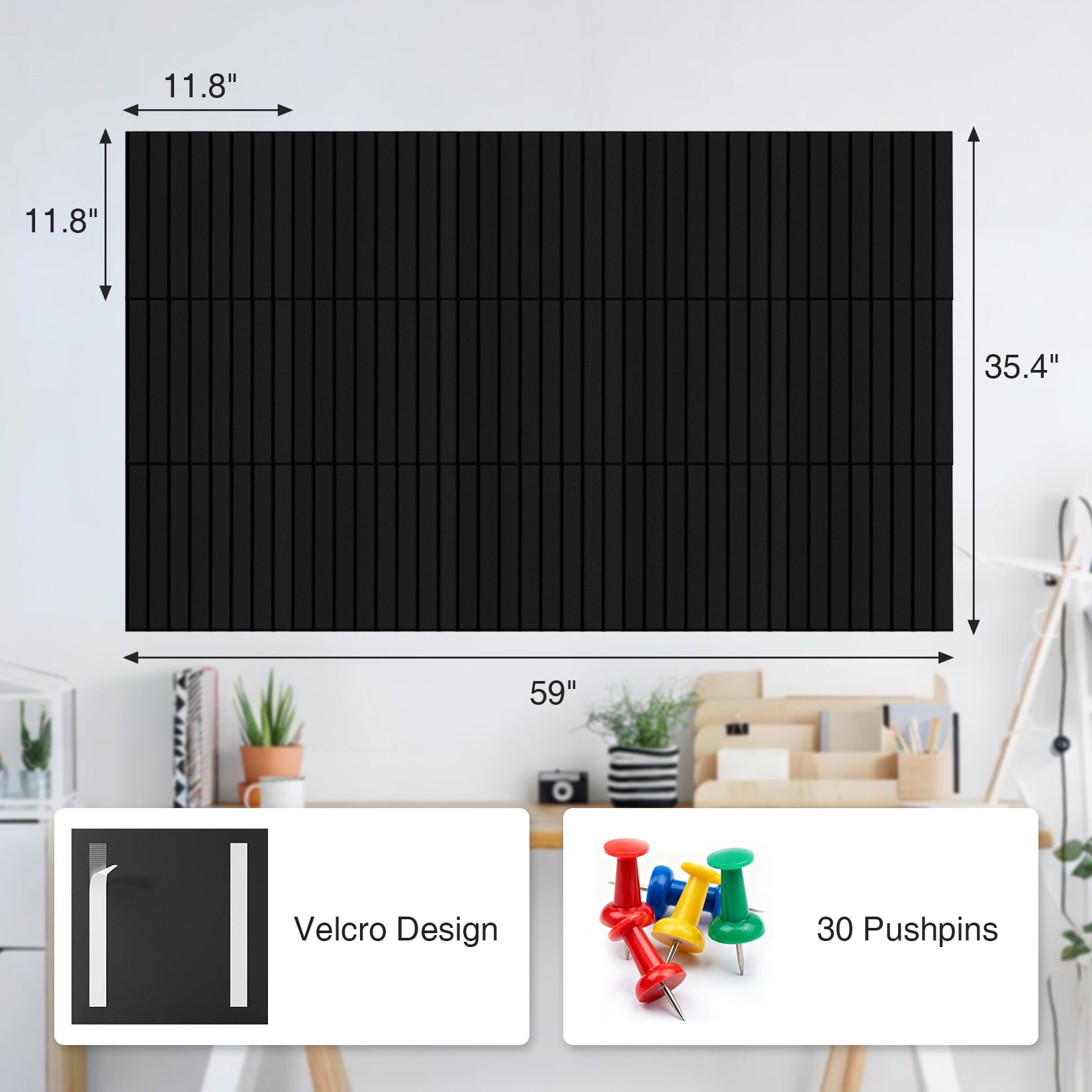 15 Pack Felt Bulletin Board Tiles 12 x 12 Inch Self Adhesive Pin Board Wall Panels with Push Pins Cork Board Alternative for Office Classroom Home Wall Decor, Black