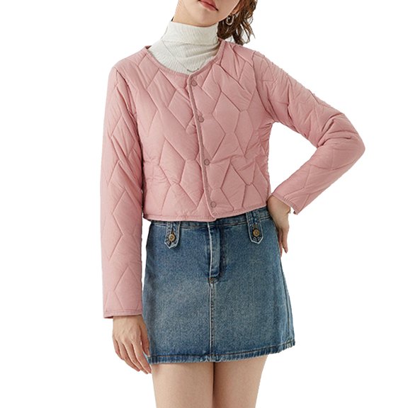 SELONE Cropped Puffer Jacket Women Winter Coat Button Long Sleeve Crewneck Tops with Pockets Warm Outerwear Pink M