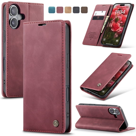 Allytechgroup for Apple iPhone 16 Case Slim Wallet Cover with Card Slots Holder/Cash Pocket [Magnetic Closure] PU Leather & TPU Flip Folio Kickstand Shockproof Stand Shockproof Retro Shell, Winered