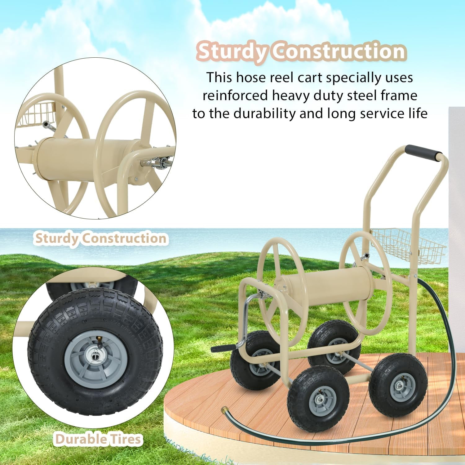 Hose Reel Cart, Hold Up To 300 Ft of 5/8" Hose, Garden Water Hose Carts Mobile Tools with Wheels and Storage Basket, Heavy Duty, for Garden, Yard, Lawn Outdoor Planting, Tan