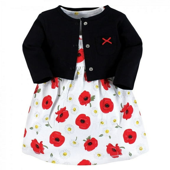 Hudson Baby Baby and Toddler Girl Cotton Dress and Cardigan Set, Poppy Daisy, 0-3 Months
