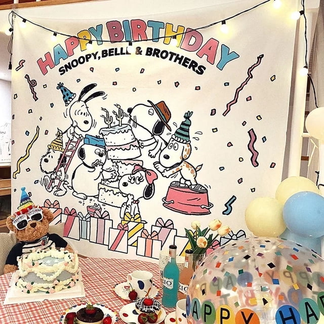 Tapiz de tela con fondo de feliz cumpleaños de Snoopy, Charlie Brown, decoración de fiesta kawaii, decoración de habitación, recuerdo de un año