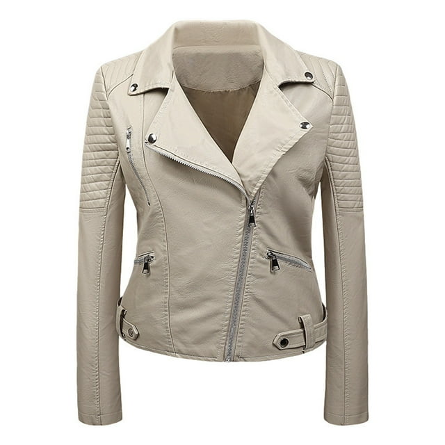 CEHVOM Women's Leather Standing Collar Slim Fitting Motorcycle Jacket Leather Jacket Clearance