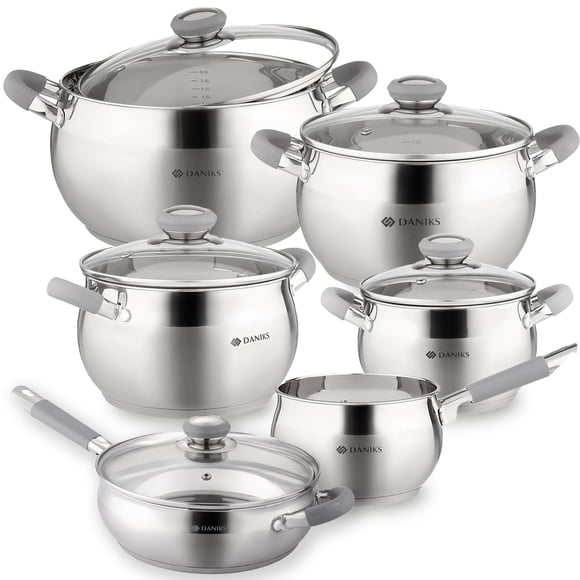 Juego de utensilios de cocina de inducción Daniks Modern de 11 piezas de acero inoxidable: cacerola apta para lavavajillas, ollas con asas resistentes al calor, tapas de vidrio y sartén con tapa, colo