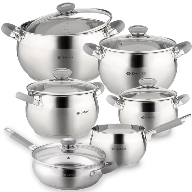 Juego de utensilios de cocina de inducción Daniks Modern de 11 piezas de acero inoxidable: cacerola apta para lavavajillas, ollas con asas resistentes al calor, tapas de vidrio y sartén con tapa, colo