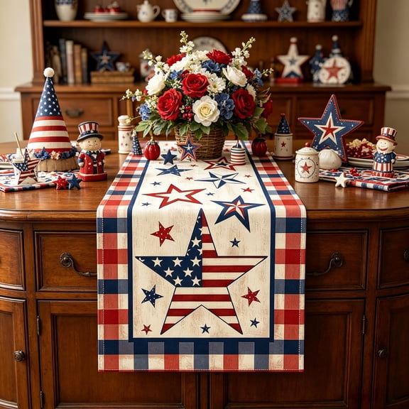4th of July Table Runner Patriotic Star Red White Blue Cloth Independence Day Memorial Day Labor Day Veterans Day Holiday Dining Kitchen Decor Indoor Outdoor 72x12.99in Washable Colorfast