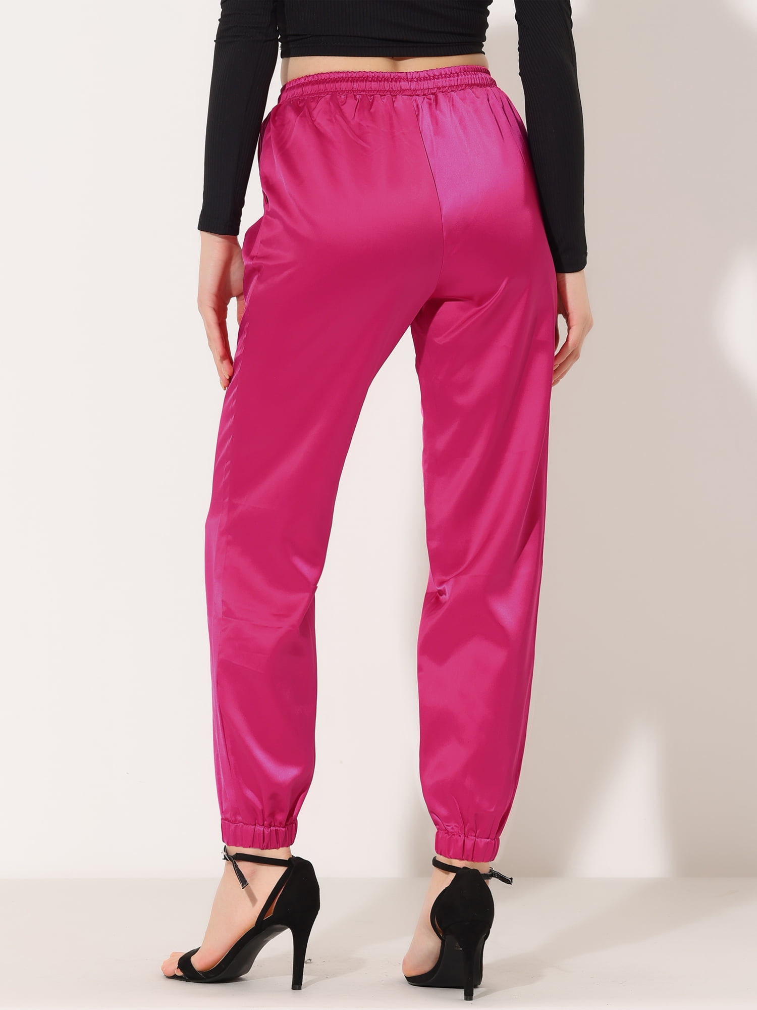 DARING DIVA Women's Satin Straight Leg Ankle Length Joggers X-Small Hot Pink