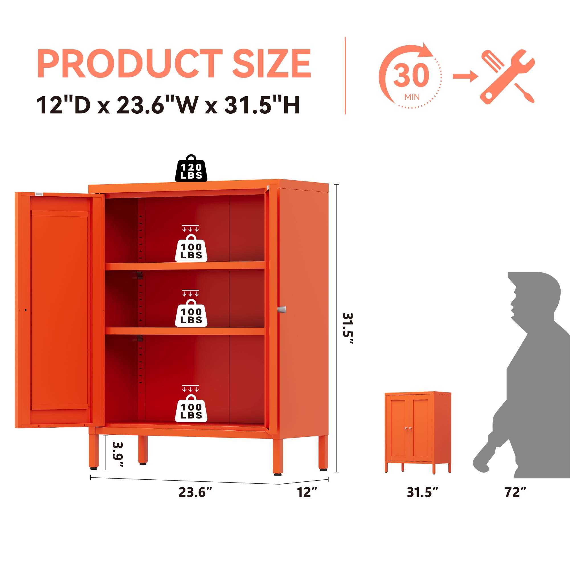 Elegant Bathroom Floor Storage Cabinet,Sideboard Cabinet with Adjustable Shelves,Freestanding Organizer Rust-Proof Locker,Living Room,Hallway,Orange