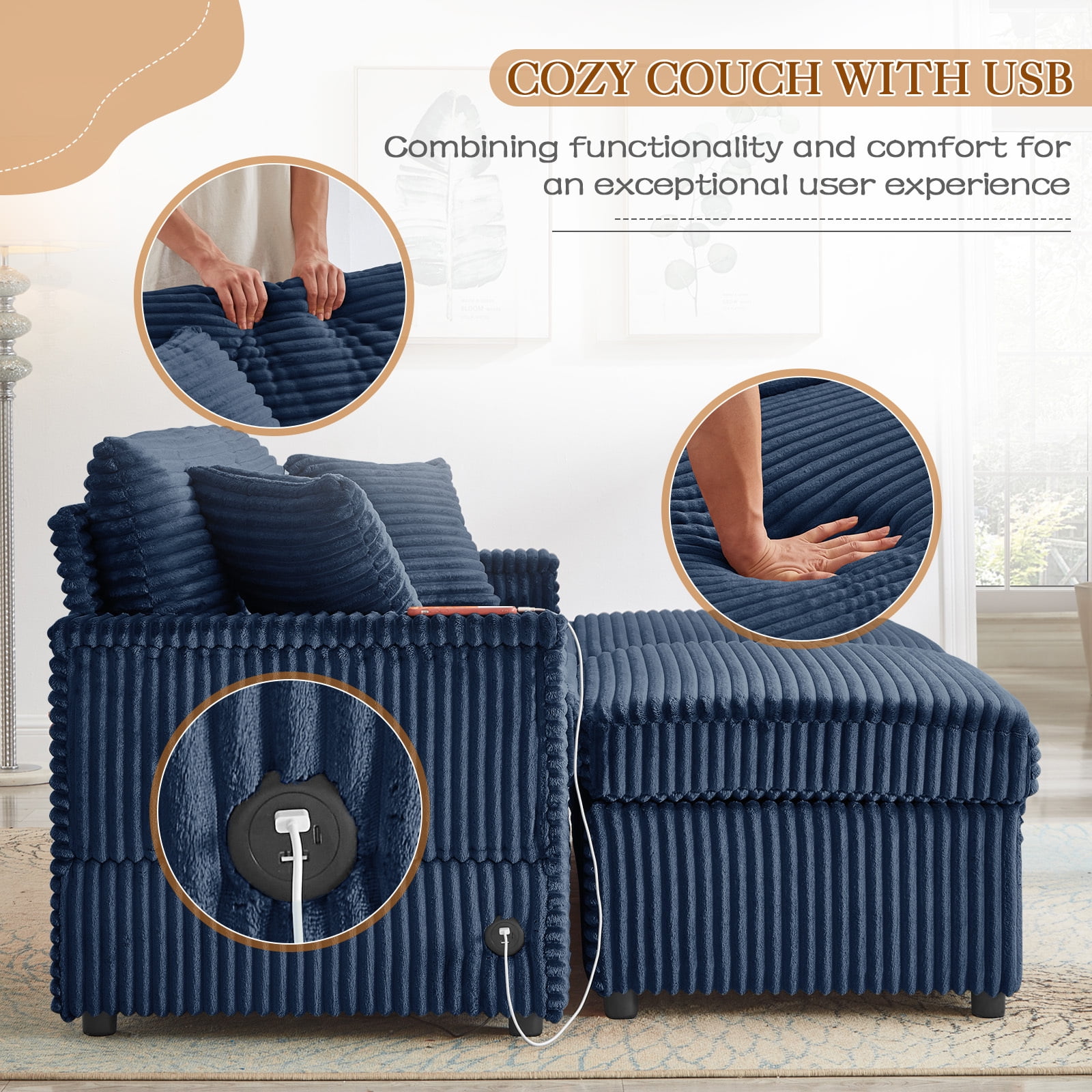 Muumblus Loveseat Sectional Sofa with 2 Storage Ottomans, Modular Cloud Couch with 2 Side Tables & USB, Plush Double Chaise Lounge Sofa Bed Indoor, Blue Corduroy