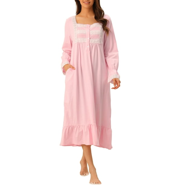 Womens Victorian Nightgown Long Sleeve Ruffle Night Gown Sleepwear with  Pockets Pink M