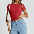 thumbnail image 5 of Delayuji Women's Crop T Shirt Summer Pullover Top Women's Thin Round Neck Fashion Short Sleeves Red Xl Polyester,Spandex Short Sleeve Shirts for Women, 5 of 7