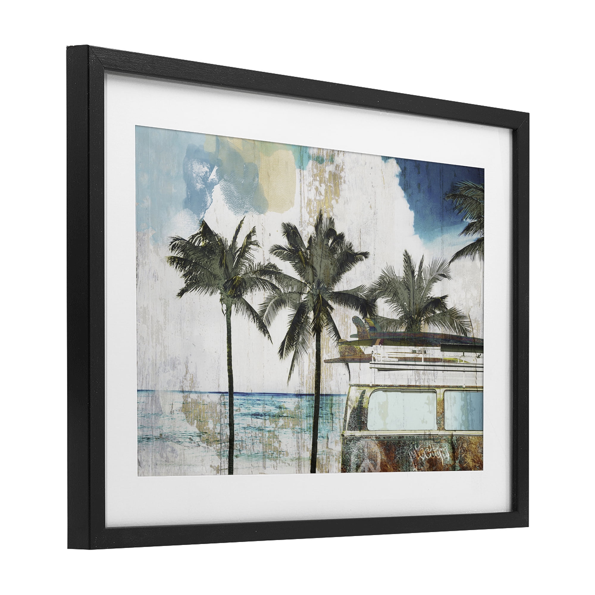 Beach Day Retro Vacation Black Framed Print Under Glass, design by Sasha