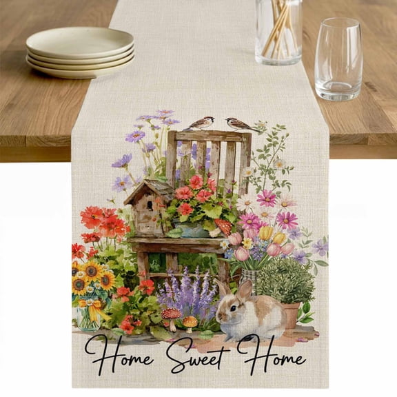 Spring Flowers Table Runner - 72 Inch Long Cute Rabbits Tulips Sunflowers Daisy Vintage Cotton and Linen Blended Dress Scarves Farmhouse Table Runner for Kitchen Dining, Coffee Table, 13" x 72"