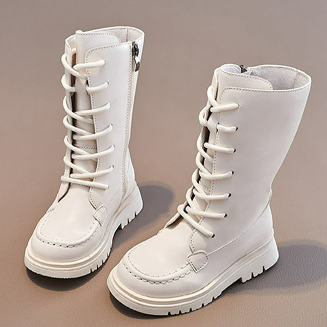 XIMIN Kid Girls Leather Boots Knee High Zip Up Lace Up Outdoor Riding Booties Mid Calf Boots Fashion Waterproof Side Zipper Punk Goth Boot Fashion Winter Long Boot