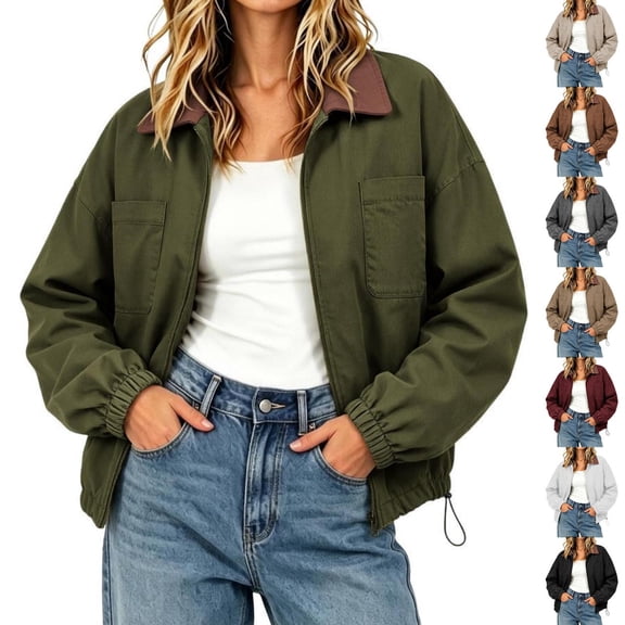 Byworldtasic Women’s Barn Jacket Loose Zipper Utility Coat Cinchable Hem Workwear Jacket with Pockets