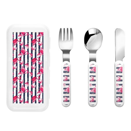 

Easygdp Dark Blue Stripes and Flamingos 3-Piece Flatware Set Kids Silverware Stainless Steel Toddler Kids Utensils Safe for Preschooler Children