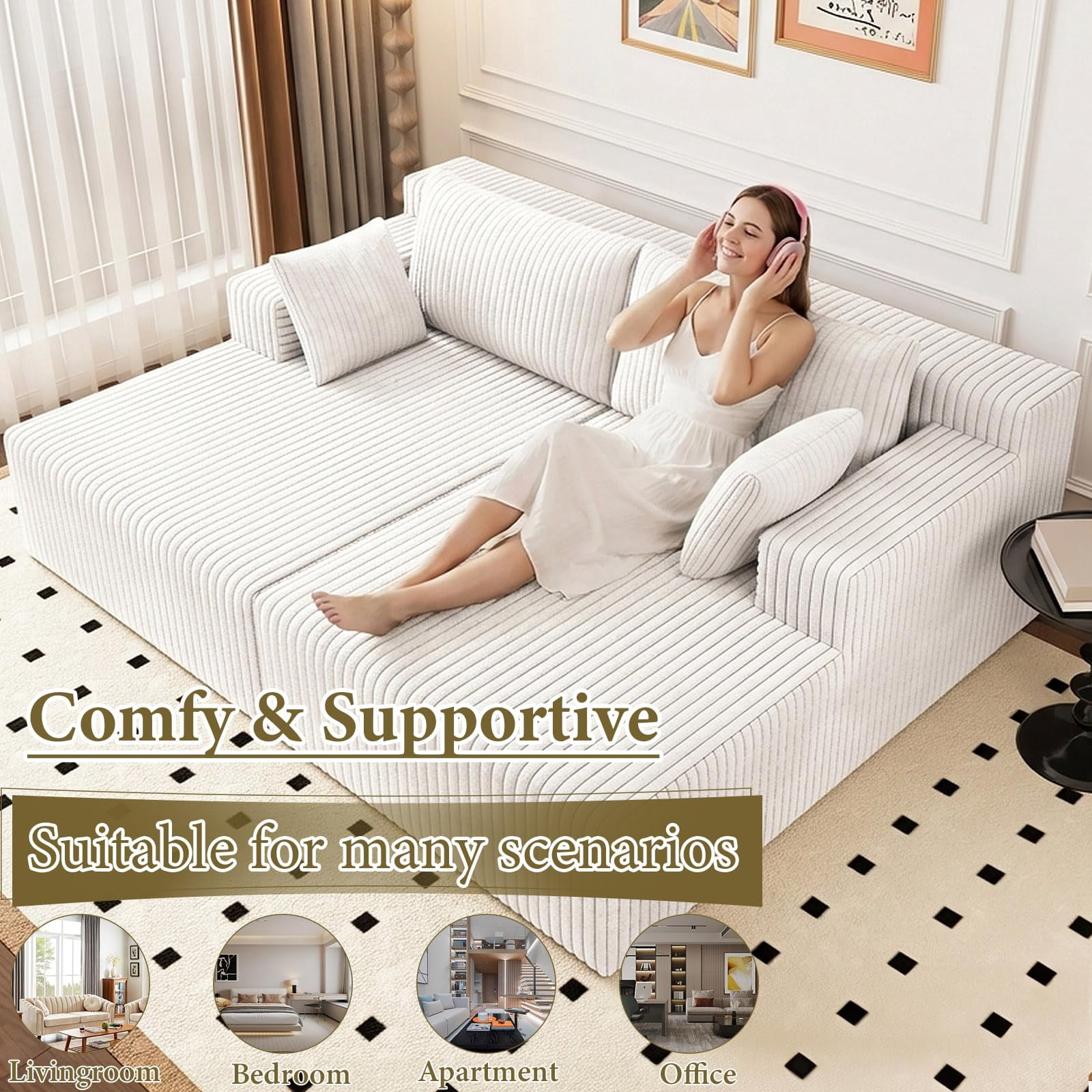 Aukfa 71" Oversized Double Chaise Lounge Indoor, Modular Boneless Cloud Couch Sleeper Loveseat, Deep Seat Corduroy Sofa Bed, No Assembly Required for Living Room Bedroom, Antique White