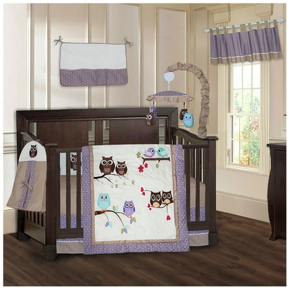 BabyFad Owl Purple 9 Piece Crib Bedding Set