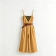 thumbnail image 6 of Women's Vacation Capri Jumpsuits Spaghetti Strap Wide Leg Linen Rompers Deep V Neck Sleeveless Cropped Jumper Yellow, XL, 6 of 7