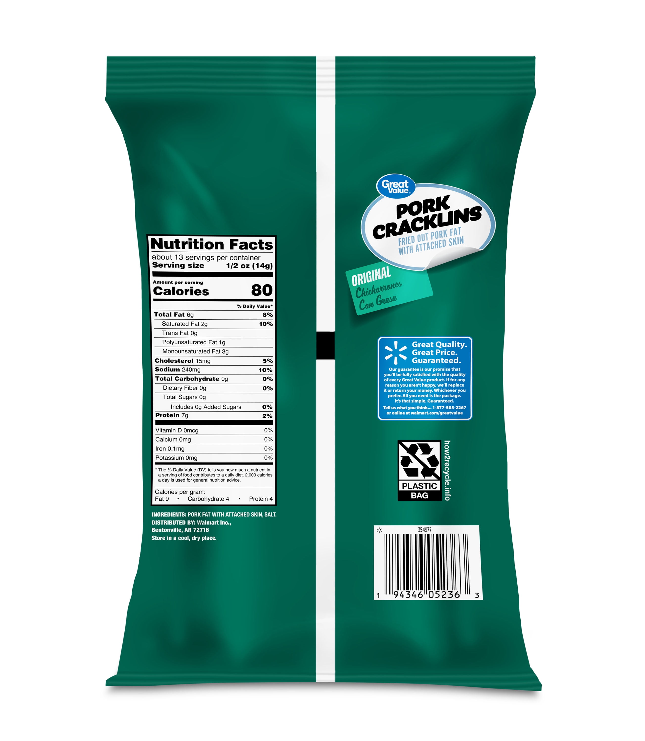 (2 pack) Great Value Original Chicharrones Con Grasa Fried Pork Cracklins, 6.25 oz