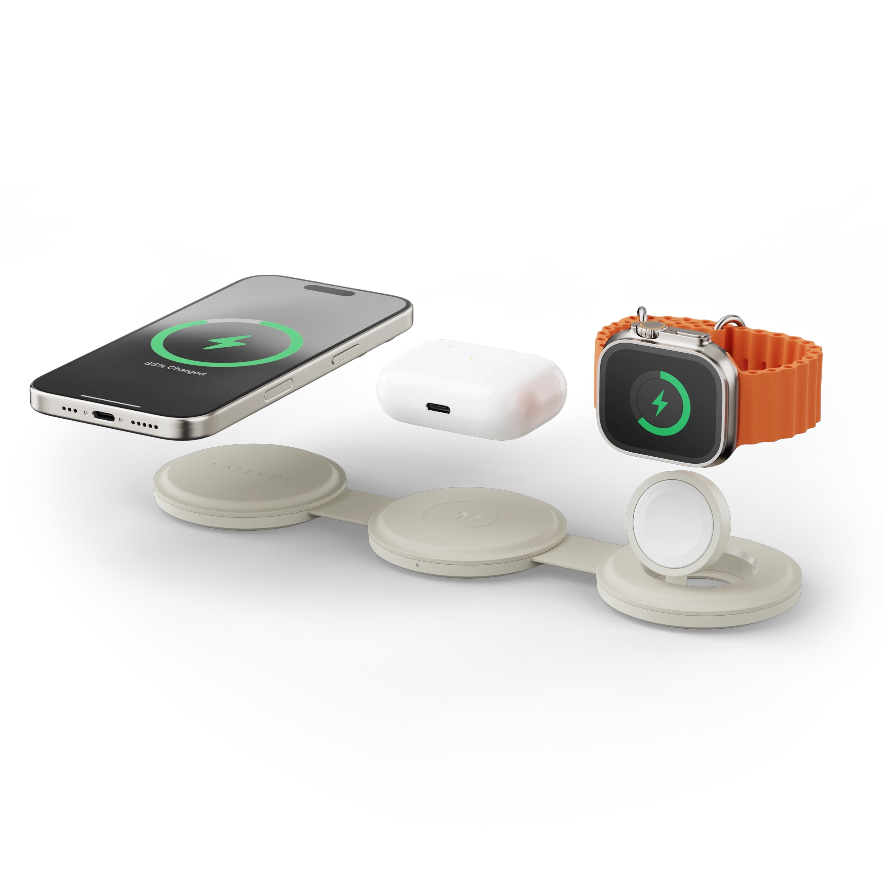 Satechi OntheGo 3 in 1 Wireless Charger, Qi2 Portable Charger with 15W Fast Charging for iPhone 17 to 12 Series, 5W for Apple Watch, and 5W for AirPods, Magnetic Travel Charging Station