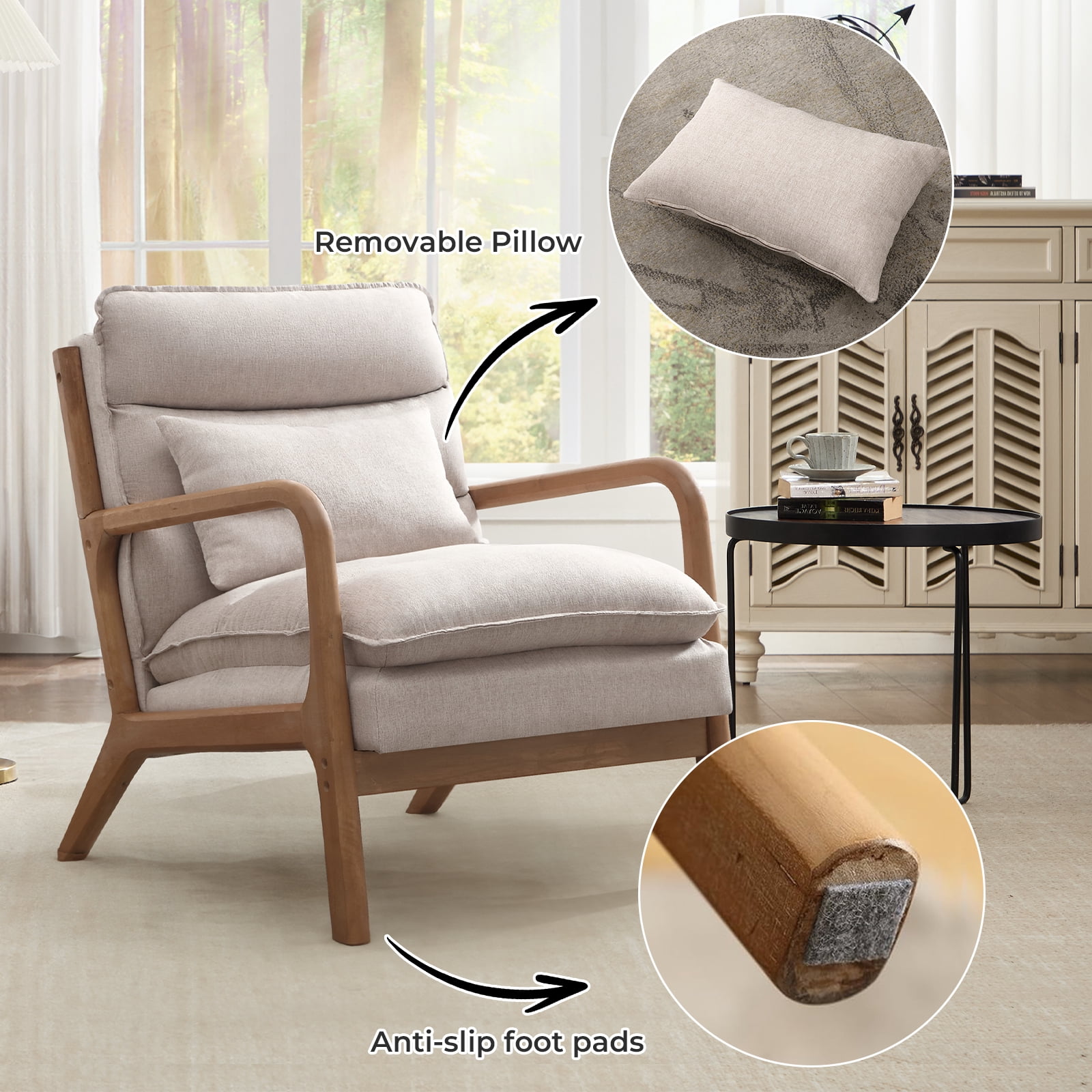 Ebello Mid Century Modern Accent Chair, Double-Padded Reading Armchair with Wood Frame & Lumbar Cushion for Living Room, Bedroom & Office, Beige