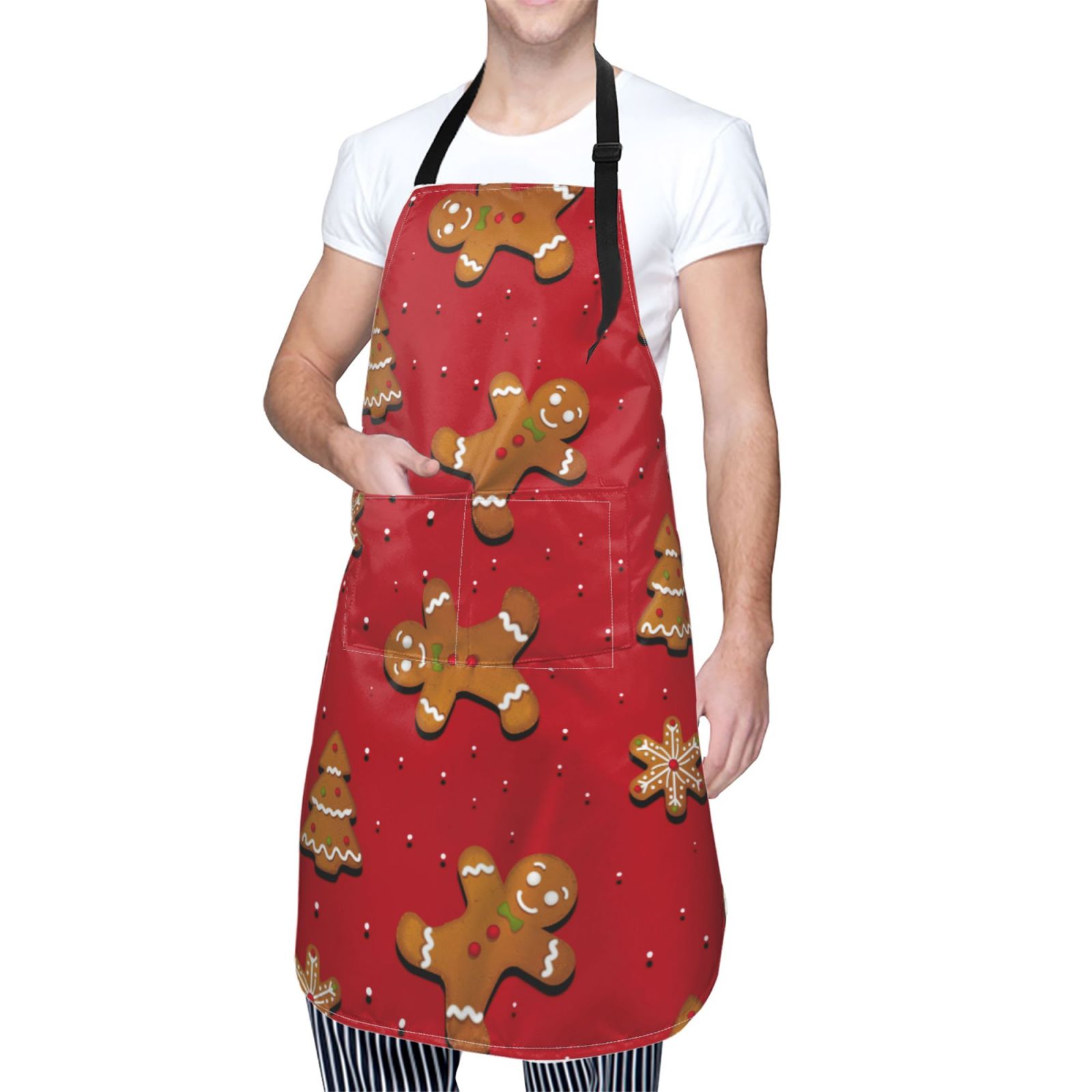 Fuzoiu Gingerbread Man Print Adjustable Waterproof Apron with Pockets,Waterproof Apron for Cooking, Gardening, and Art Projects