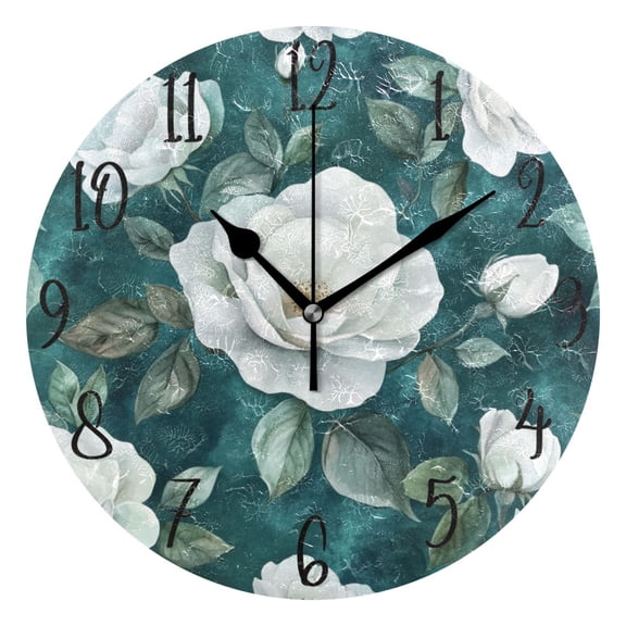 WOBOGO Large White Roses Pattern Wall Clock 10in Silent Mechanism Battery Operated Retro Style for Living Room Bedroom and Kitchen Black Pointer