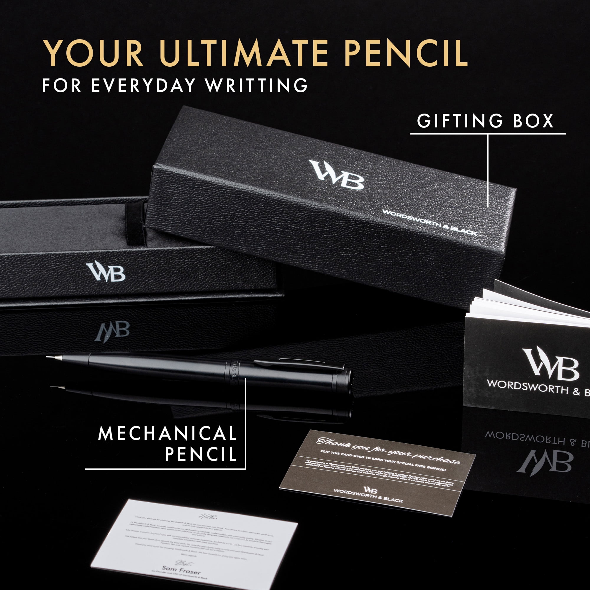 Wordsworth and Black Mechanical Pencil Graphite Lead- Stunning Luxury Metal Pencil, All Black Lacquer Finish, 0.7mm Led, Best Gift Set for Men & Women, Professional Executive Office Pencils