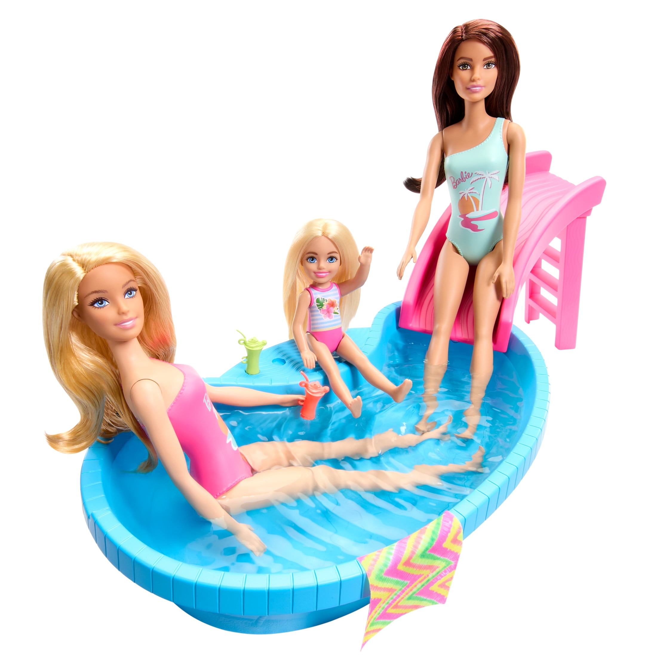 Barbie Doll and Pool Playset, Blonde with Pool, Slide, Towel and Drink Accessories, Multicolor