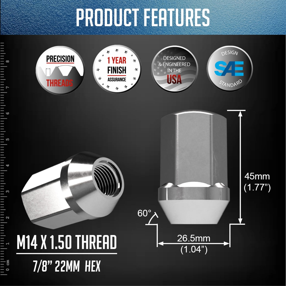 20 Pcs 14mm 1.50 14x1.50 Thread 6509422AA, 611.330 1.65" Long OEM Style Lug Nuts Chrome 7/8" Hex Fits 2011+ Jeep Grand Cherokee, 2018+ Jeep Wrangler, 2019+ Ram 1500 Classic