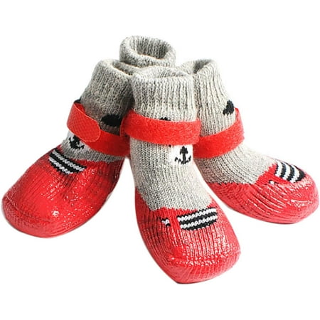 4Pcs Cotton Rubber Pet Boots Waterproof Non-Slip Dog Rain Snow Socks Shoes for Puppy Small Cats Dogs - Red L