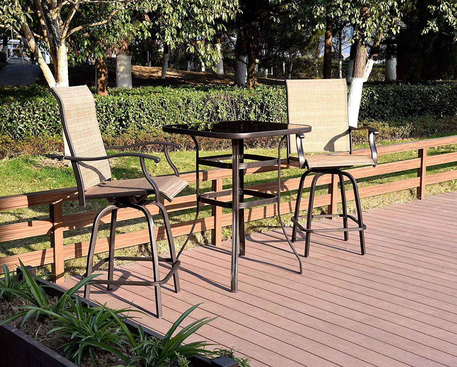 Zimtown All Weather Brown Patio Swivel Bistro Sets,2 Piece Height Bar Stools and 1 Glass Table