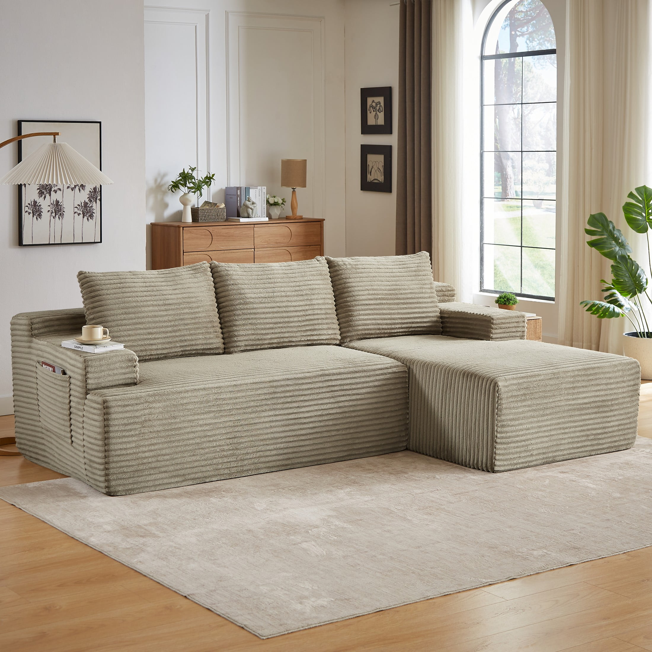 Aukfa 96" L-Shaped Cloud Sectional Sofa, Modular Boneless Couch with Deep Seat, Right-Facing Chaise, Corduroy Sleeper Sofa for Living Room, Camel