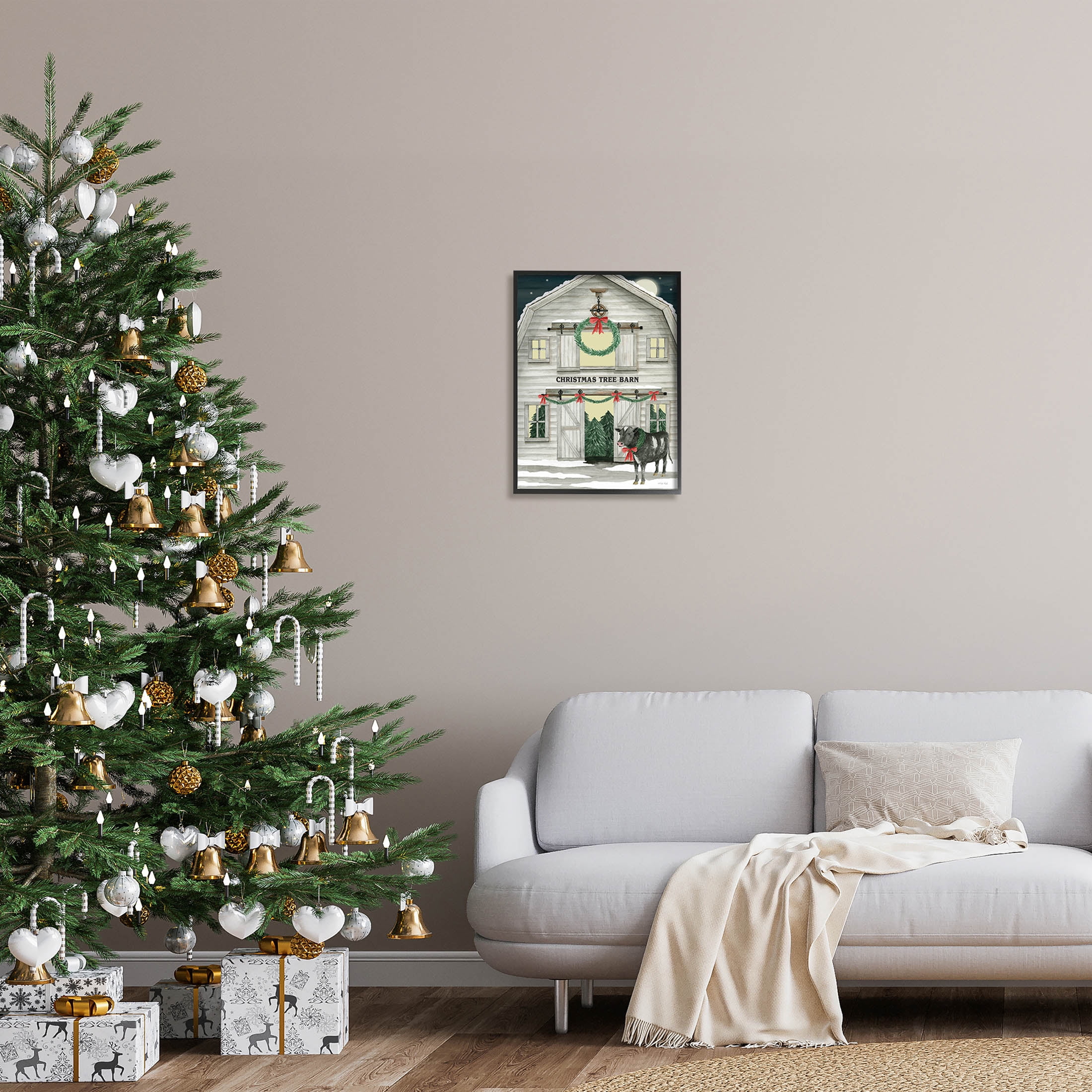Christmas Tree Barn Rural Countryside Holiday Graphic Art Black Framed Art Print Wall Art