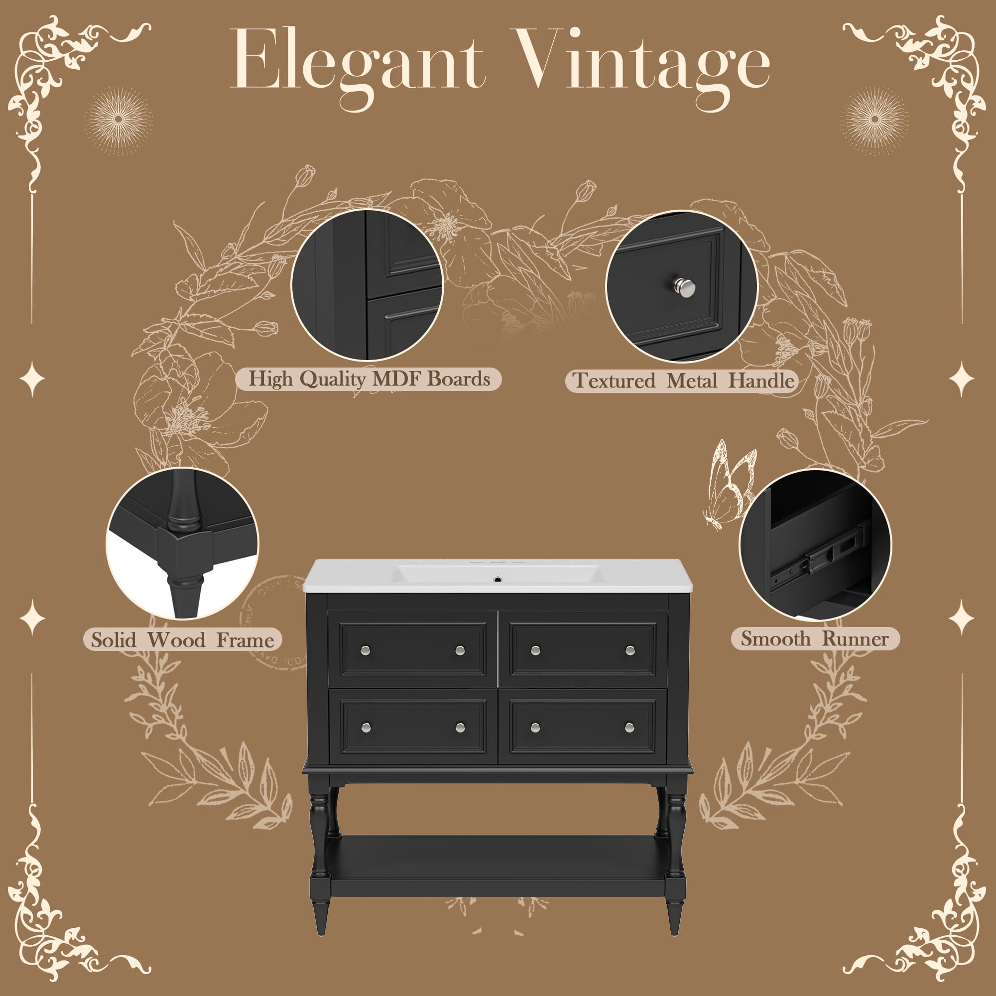Harper & Bright Designs 36" Bathroom Vanity with Sink, Bathroom Storage Cabinet with Drawers, Single Sink Bathroom Vanity, Black
