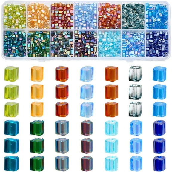 1400pcs 14 Colors 3mm Cube Glass Seed Beads Kit Transparent Square Beads Small Craft Beads Cube Mini Beads Bracelet Beads Loose Spacer Beads for Bracelets Earring Making Supplies diy