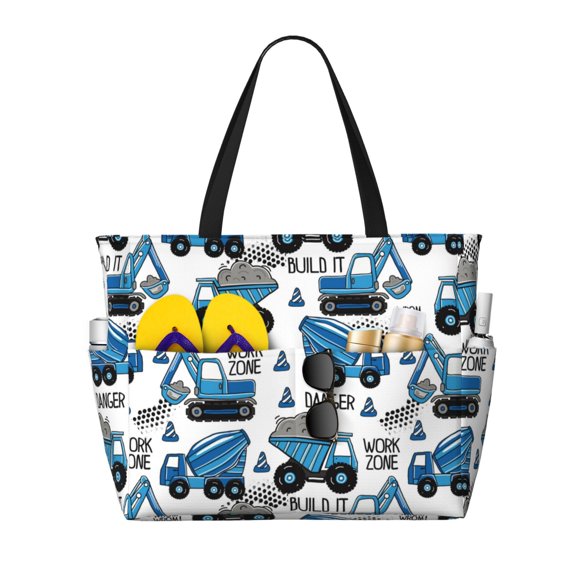 Naloa Blue Excavator Large Capacity Beach Bag, Waterproof Sandproof Beach Swim Pool Bag Tote Bag for Women