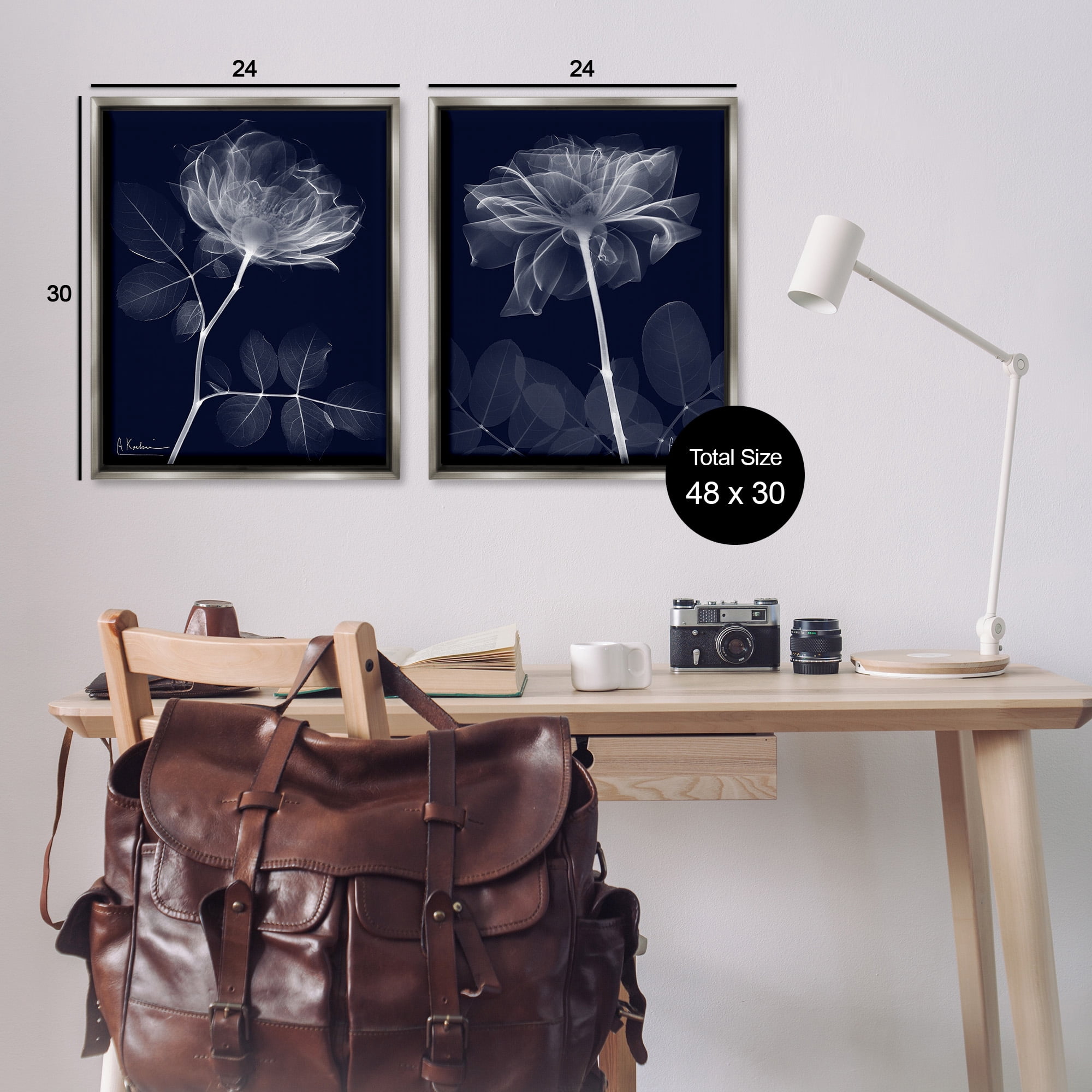 Stupell Industries X-Ray Blossom on Black Botanical & Floral Photography Gray Floater Framed Canvas Art Print Wall Art, 25 x 31, Set of 2
